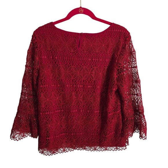 Talbots Red Floral Lace Sheer Bell Sleeve Top Size M - Picture 3 of 8
